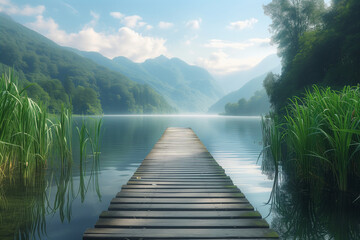 Fototapeta premium wooden bridge over the lake, feeling welcome and meditative
