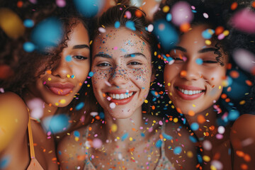 group of friends celebrating at a party with confetti