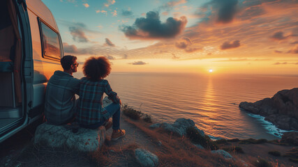 A couple travelers watching sunset near his camper van in the coast by the sea enjoying an adventure travel - obrazy, fototapety, plakaty