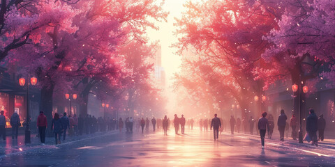 City street in spring with people walking, trees, and a romantic atmosphere