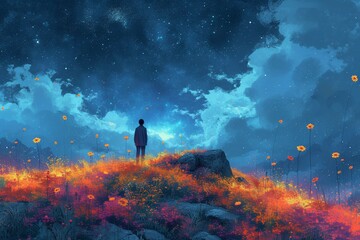 Serenity in nature, a tranquil landscape with a lone figure, vibrant sky, and a touch of fantasy.