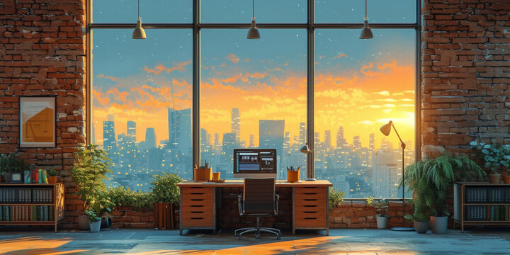 Modern office interior with a stylish desk, computer, and city view through a window.