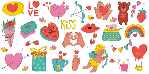 Cute set of elements for Valentine's Day. Little style. Romantic vector illustration for postcards, sites, print.