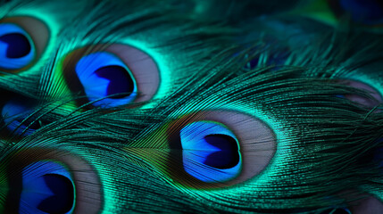 Blue peacock feathers in closeup