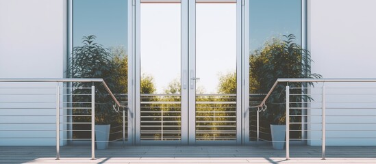 Entrance Door from Balcony or Terrace with Railings. Modern Glass Entrance Door of Residential Building.