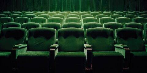 Row of Vintage Green Theatre Seat in a Empty Venue. Retro Green Chairs of Cinema in Row. Front View. Generative AI