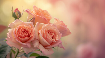 Pink roses bloom with a bright pastel background.