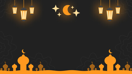 Ramadhan islamic theme background with mosque silhouette and lantern. Copy space dark background.