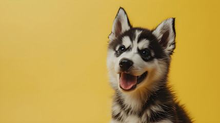Siberian husky isolated on yellow background with copy space. Close up portrait of happy smiling dog puppy face head looking at the camera. Banner for pet shop. Pet care and animals concept for ads 