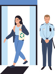 Young woman walking through security scanner, smiling at male officer checking safety. Security checkpoint with attentive guard ensuring airport protocol adherence.
