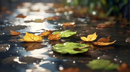 Extreme close-up of raindrops on leaf in nature, Ai Generative