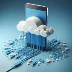 mobile phone with ethernet cables falling from flat clouds. cloud storage concept, technology, security, online and internet - obrazy, fototapety, plakaty
