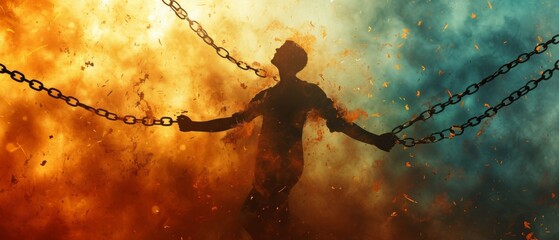 Embracing Newfound Freedom: Breaking The Chains That Bind. Сoncept Nature Exploration, Adventure Travel, Solo Journey, Self-Discovery, Liberation And Empowerment - obrazy, fototapety, plakaty