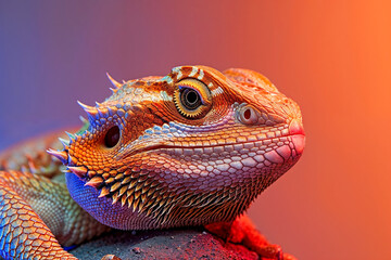 Fototapeta premium Multi color Bearded dragon lizard on a rock with a colorful orange background. 