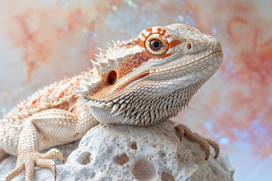 Bearded dragon lizard standing on a white rock with a bright background.