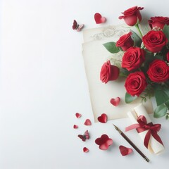 Red Roses on white background and wallpaper copy space use for valentine's day concept