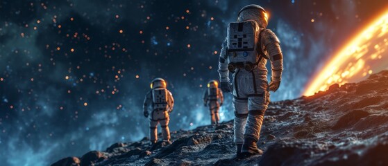 Exploring Outer Space With Ai: A Team Of Astronauts Conduct Planetary Expeditions. Сoncept Interstellar Travel, Ai Navigation Systems, Alien Life Search, Scientific Experiments, Spacecraft Maintenance - obrazy, fototapety, plakaty
