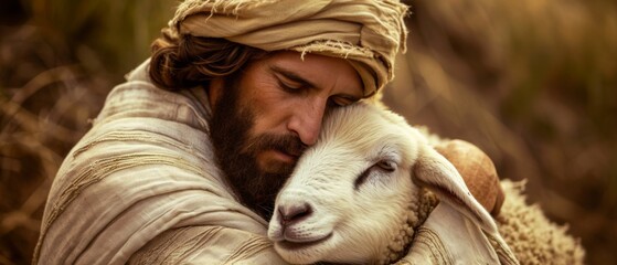 A Symbolic Image Of Comfort As Jesus Christ Cradles A Gentle Lamb. Сoncept Religious Symbolism, Jesus Christ And Lamb, Comfort And Serenity, Spiritual Connection