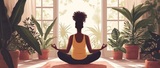 A Woman Finding Tranquility At Home Through Meditation, Promoting Mental Wellbeing. Сoncept Meditation At Home, Mental Wellbeing, Tranquility And Serenity, Inner Peace, Finding Balance