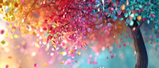 Abstract 3D Tree Wallpaper With Multicolored Leaves Hanging From Branches. Сoncept Abstract Art, 3D Tree, Wallpaper, Multicolored Leaves, Branches