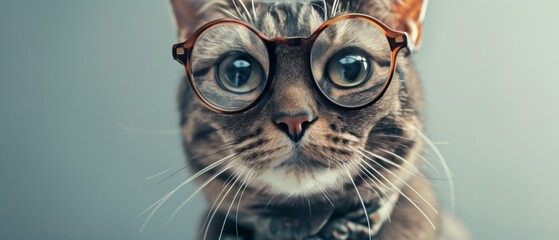 Cute Cat Rocking Glasses And Fashionable Outfit In A Minimalist Setting. Сoncept Minimalist Cat Fashion, Stylish Feline Glasses, Purrrfectly Minimal Outfit, Cat's Eye Chic