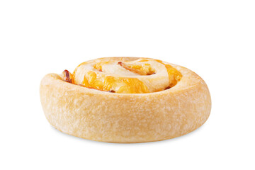 Bacon Cheddar cheese roll cake pinwheel on a white isolated background