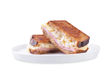 Reuben sandwich with ham, sauerkraut and cheese on a white isolated background