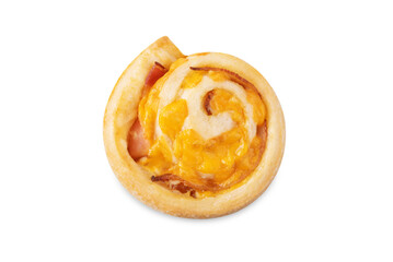 Bacon Cheddar cheese roll cake pinwheel on a white isolated background