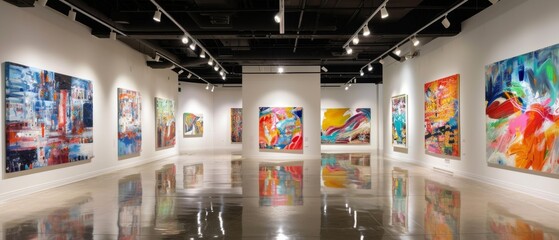 Art Exhibit Showcasing Vibrant Paintings Against Elegant White Backdrop In Gallery. Сoncept Nature Photography, Urban Landscapes, Abstract Art, Portraits Of Diversity, Minimalist Sculptures