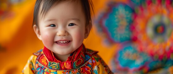 Vibrant Asian Baby Poses Joyfully Amidst Colorful Backdrop. Сoncept Autumn Family Portraits, Magical Winter Wonderland, Beach Vacation Memories, Springtime Blooms, Urban Cityscape Adventure