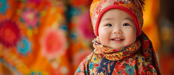 Asian Baby Posing Joyfully In Vibrant Clothing Against A Vivid Backdrop. Сoncept Vibrant Asian Baby, Colorful Clothing, Vivid Backdrop, Joyful Poses