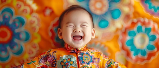 Lively Asian Baby Delights In Colorful Attire Against Bright Background. Сoncept Fresh Flower Bouquets, Rustic Fall Foliage, Beach Vacation Vibes, Urban Street Style, Cozy Winter Wonderland