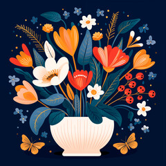Flowers in a white vase on a dark blue background. The illustration perfect for designing  The illustration perfect for designing cards posters congratulations, for prints on pillows mugs t - shirts