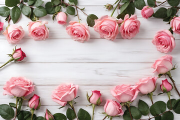 Top view of pink roses and green leaves on white wood background with copy space