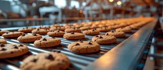 Naklejka na ściany i meble Baking Cookies On A Conveyor Belt A Bustling Scene In A Confectionery Factory. Сoncept Baking Cookies, Conveyor Belt, Confectionery Factory, Bustling Scene, Cookie Making