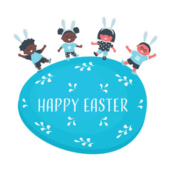 Fototapeta premium Easter kids party. Cute children dance on Blue Easter egg. Diverse Group of little kids have fun. Happy baby girls and baby boys. Vector illustration