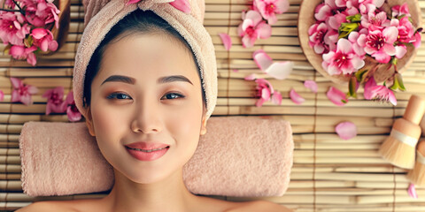 Obraz na płótnie Canvas Asian young woman in spa salon relaxing after taking massage treatment with her eyes closed. Care about yourself beauty treatment procedures concept. Body skin and hair care