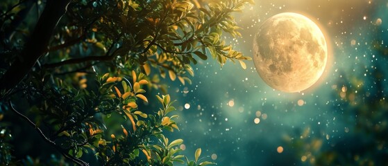 Enchanting Bird's Eye View Of Nature's Close-Up With Dreamy Moon And Bokeh Background. Сoncept Fantasy Forest, Magical Moonlight, Dreamy Bokeh, Enchanting Birds, Nature's Close-Up