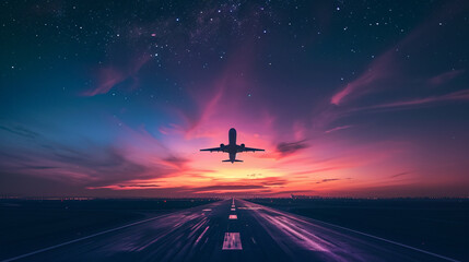 A calm and colorful evening landscape featuring a plane flying through the night sky, symbolizing...