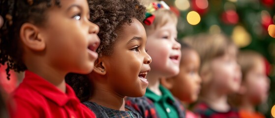 Obraz na płótnie Canvas Children In A Chorus Joyfully Sing Christmas Carols Together. Сoncept Christmas Caroling, Children's Choir, Festive Singing, Joyful Chorus, Holiday Harmony