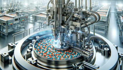 An advanced pharmaceutical production line with automated machines that efficiently process large quantities of colored capsules. Pharmaceutical manufacturing concept. AI generated. - obrazy, fototapety, plakaty