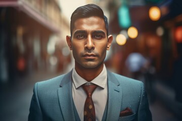 Handsome Indian man in suit posing on street. Business gentleman leader entrepreneur professional look. Generate ai - obrazy, fototapety, plakaty