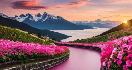 Poster Sunrise in mountain sky cartoon landscape background. Lake and sun in summer morning with nature scenery. Pink water on sunset peaceful heaven wilderness panorama with flower © MDSHOHIDUL