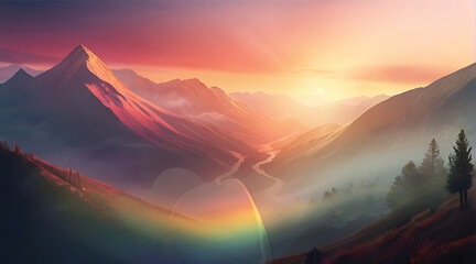 Foggy morning panoramic view of the mountains. Beautiful realistic vector landscape