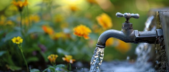 Conserving Water Usage In Your Garden With A Running Water Tap. Сoncept Water-Saving Techniques, Drip Irrigation Systems, Rainwater Harvesting, Mulching, Xeriscaping