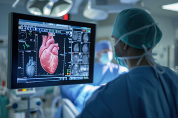 Cardiologist examines patient heart following heart attack using magnetic resonance imaging CT 3D scan in intensive care unit Generative AI