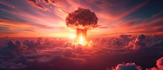 The Spectacular Formation Of A Mushroom Cloud From An Atomic Bomb Detonation. Сoncept Sunset Over The Ocean, Majestic Mountain Ranges, Serene Forest Landscapes, Vibrant Flower Fields - obrazy, fototapety, plakaty