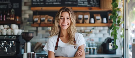Foto op Canvas Entrepreneur Woman Proudly Owns Her Thriving Local Coffee Shop Business. Сoncept Small Business Success, Entrepreneurship, Coffee Shop Management, Local Business Ownership, Women In Business © Ян Заболотний