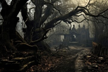 Old abandoned house in the forest at foggy night. Halloween concept