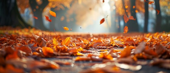 Fallen Leaves Scattered On The Ground, Welcoming The Crisp Autumn Season. Сoncept Golden Hour Photography, Capturing Nature's Beauty, Serene Landscapes, Autumnal Hues